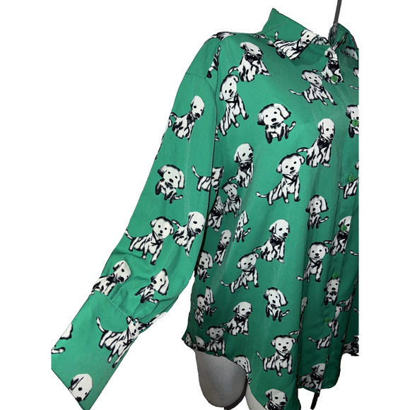 New Elli White Top Women's Size S Green Dog Print Button Shirt Collared Novelty - Picture 3 of 10